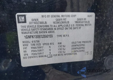 2007 Chevrolet Tahoe Lt z USA, uszkodzony, nr VIN 1GNFK13097J390159